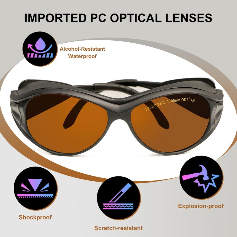 MCWlaser نظارات أمان الليزر OD5+ 190-540nm & 800-1700nm - حماية العين من الليزر الأزرق والأخضر والأشعة فوق البنفسجية لنظارات الليزر 405nm، 445nm، 450nm، 532nm، 808nm، 980nm، 1064nm، 1080nm، MCWlaser - Image 4